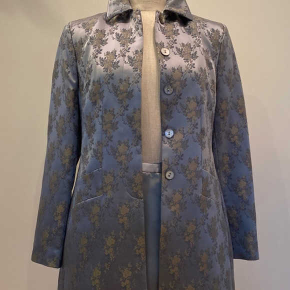 Kate Hill Womens Set Blue Print Long Blazer Satin Blue Pant/Jacket 4/Pant6 - Picture 2 of 15